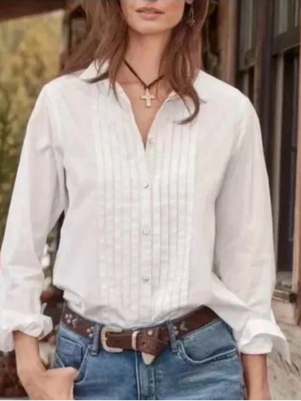 Sundance Top Womens L White Button Up Shirt 100% Cotton Long Sleeve Tessa Tuxedo
